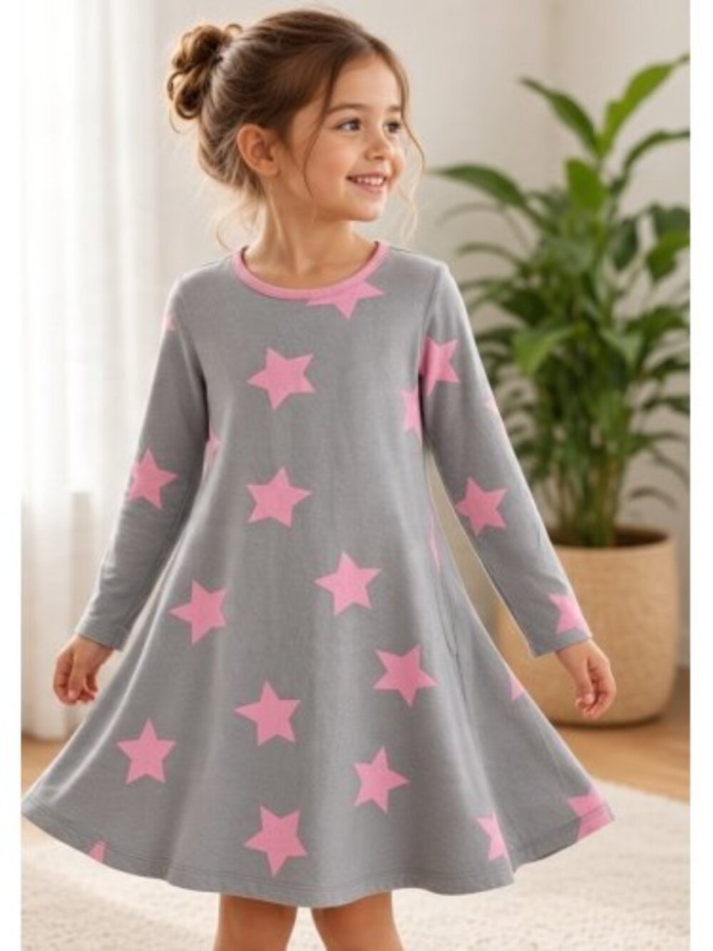 THREE FRIENDS Gray and Pink Star Print Long Sleeved Dress Girls Size 6 Pockets